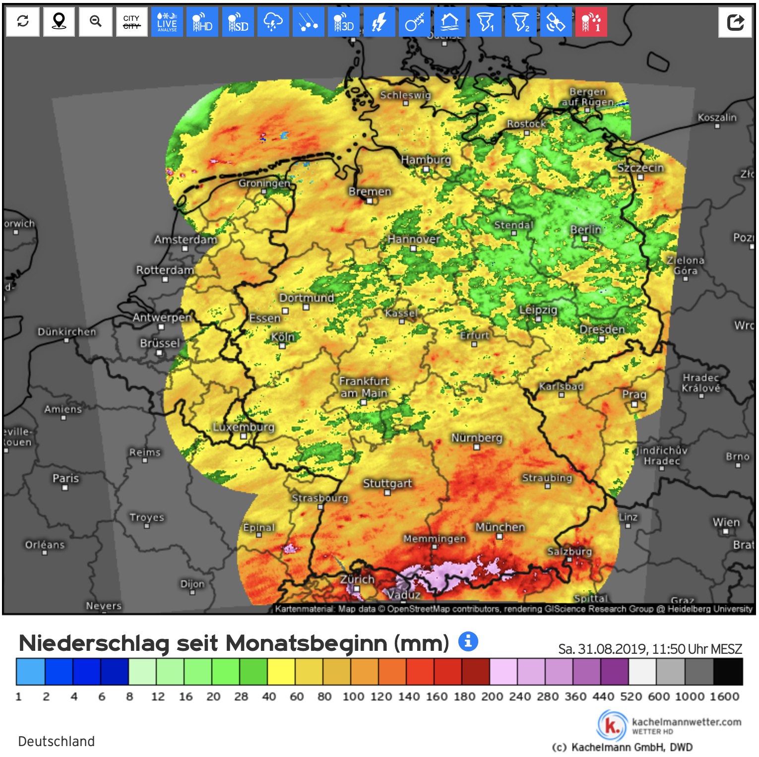 Kumulierte Regenmengen - August 2019