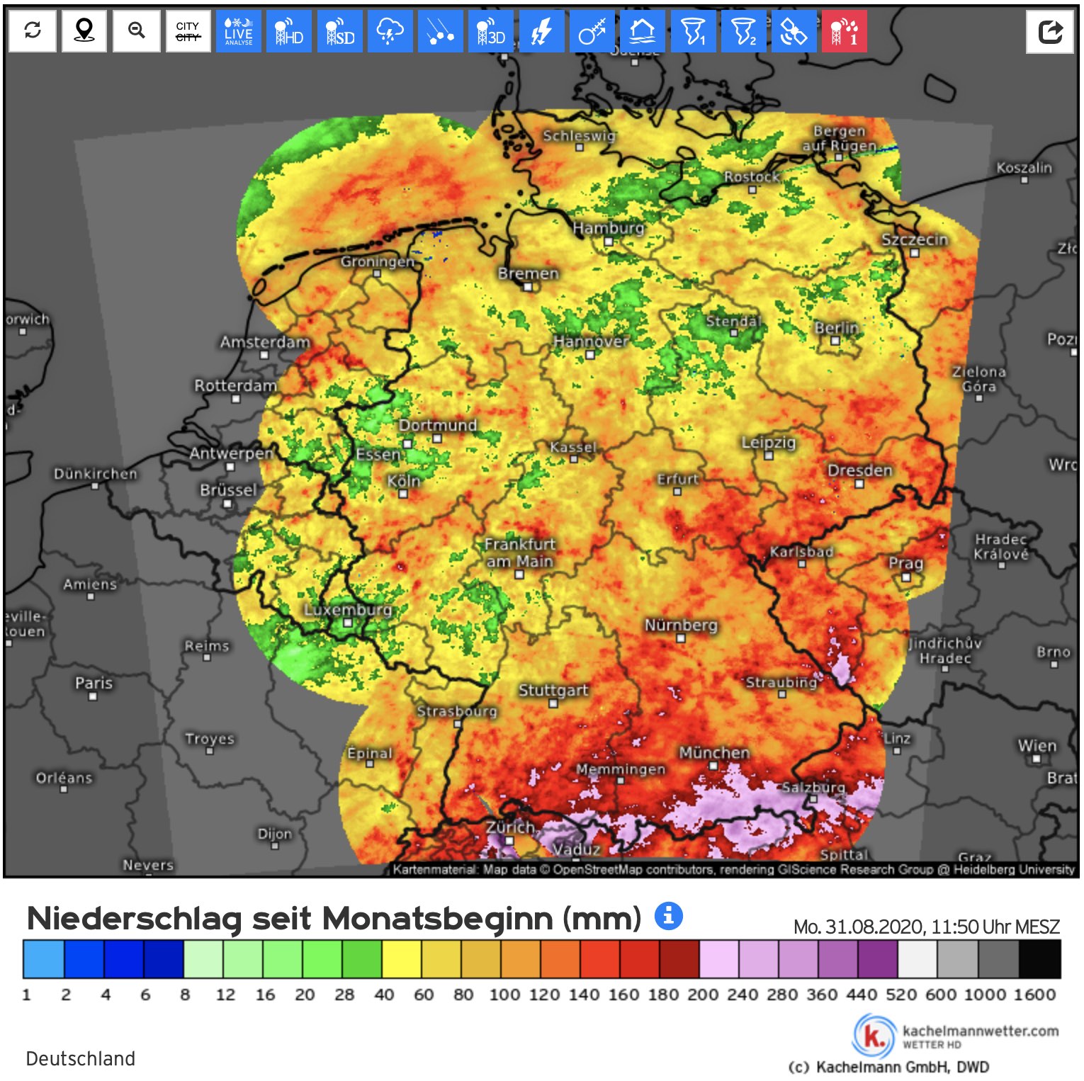 Kumulierte Regenmengen - August 2020